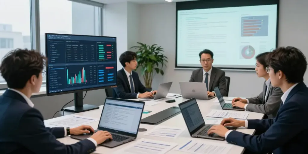 Focused analysis in a cryptocurrency fraud investigation setting with professionals discussing strategies and data.