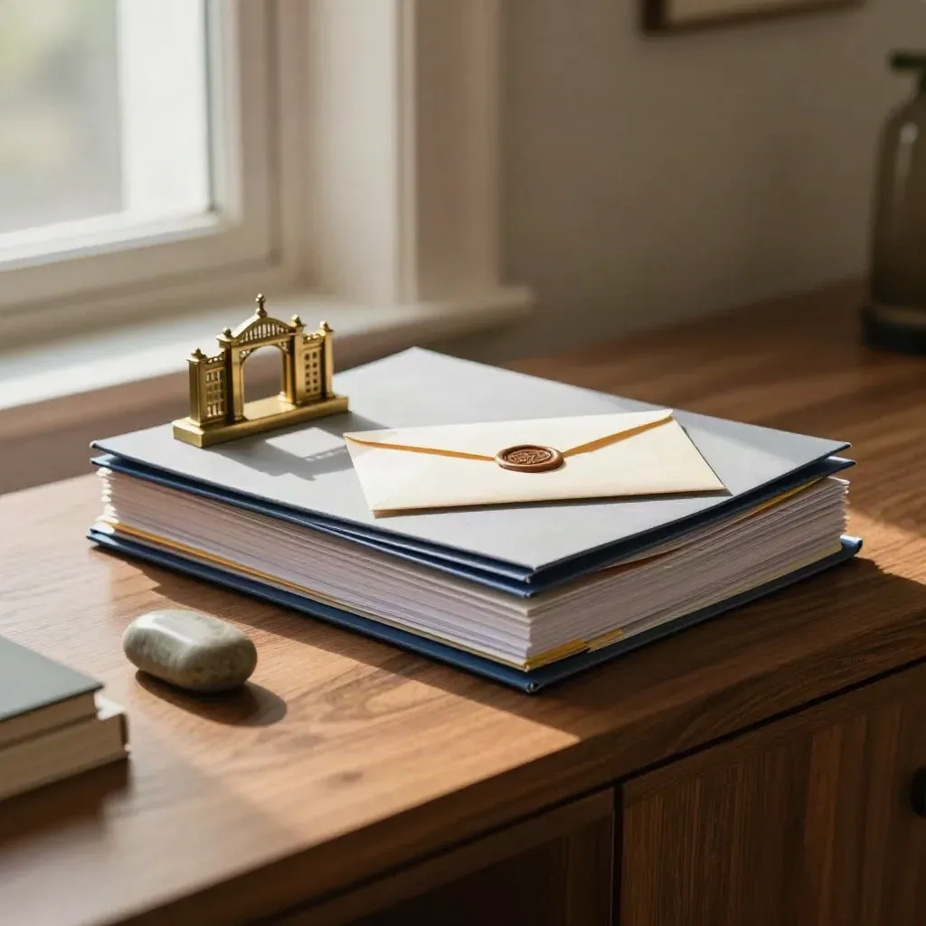 Admissions folders and a brass campus gate model on a walnut console by window light.