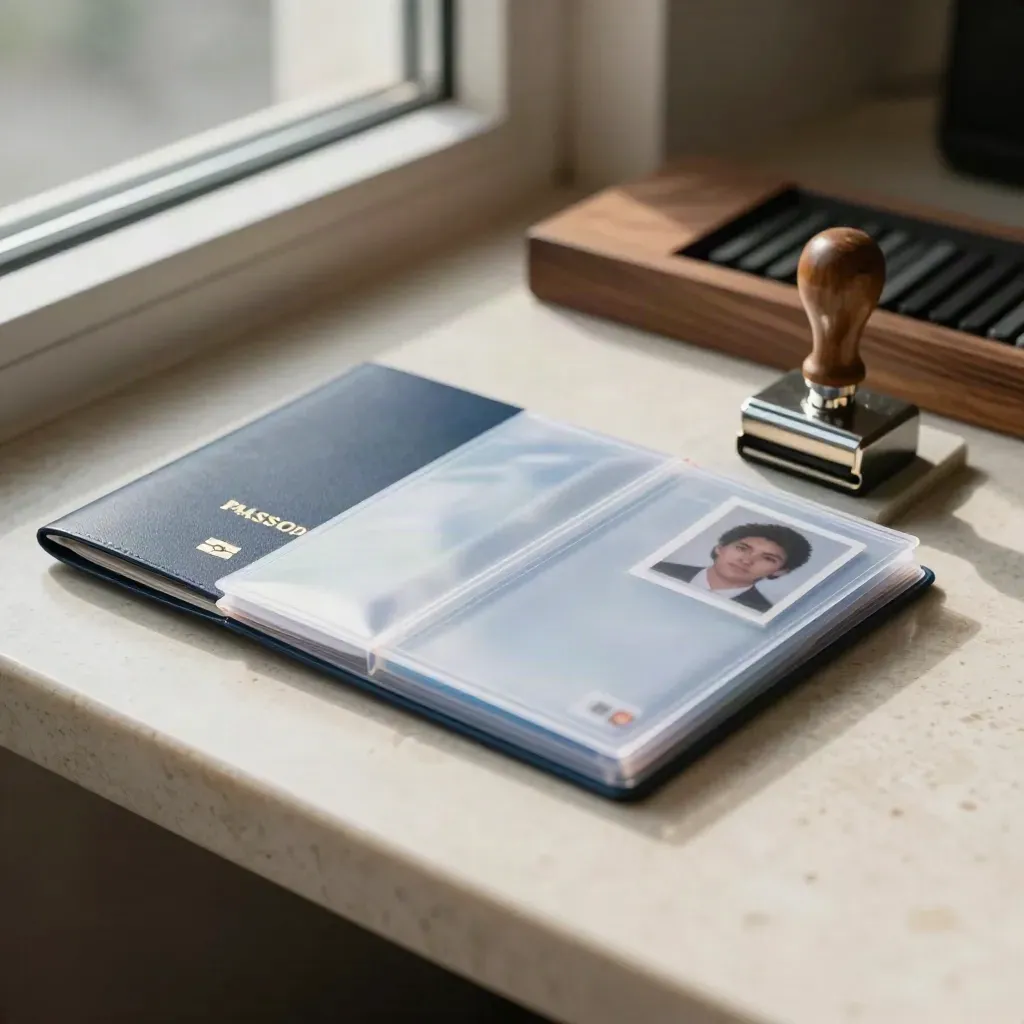 Visa adviser still life with passport cover, document wallet, envelope and metal stamp on stone.