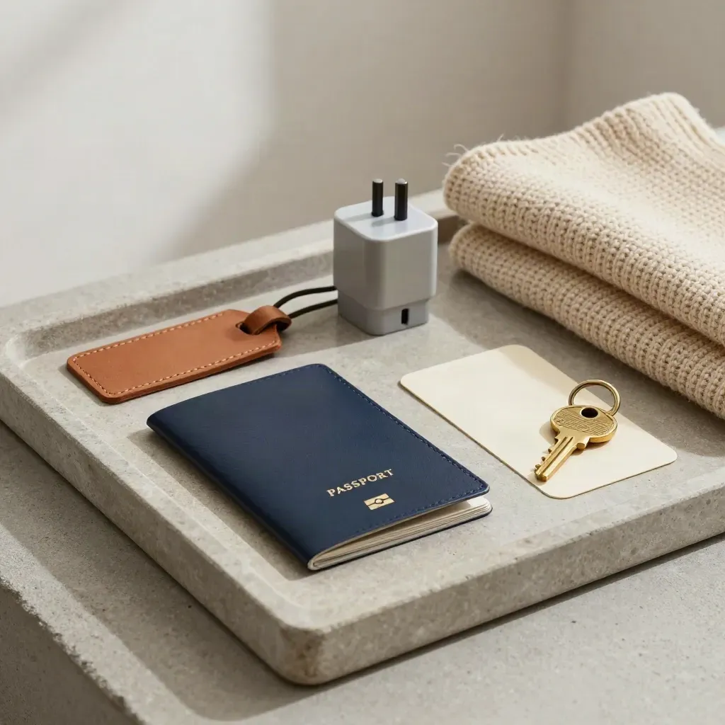 Travel departure kit on a brushed tray with passport cover, luggage tag, adapter, knitwear and room key.