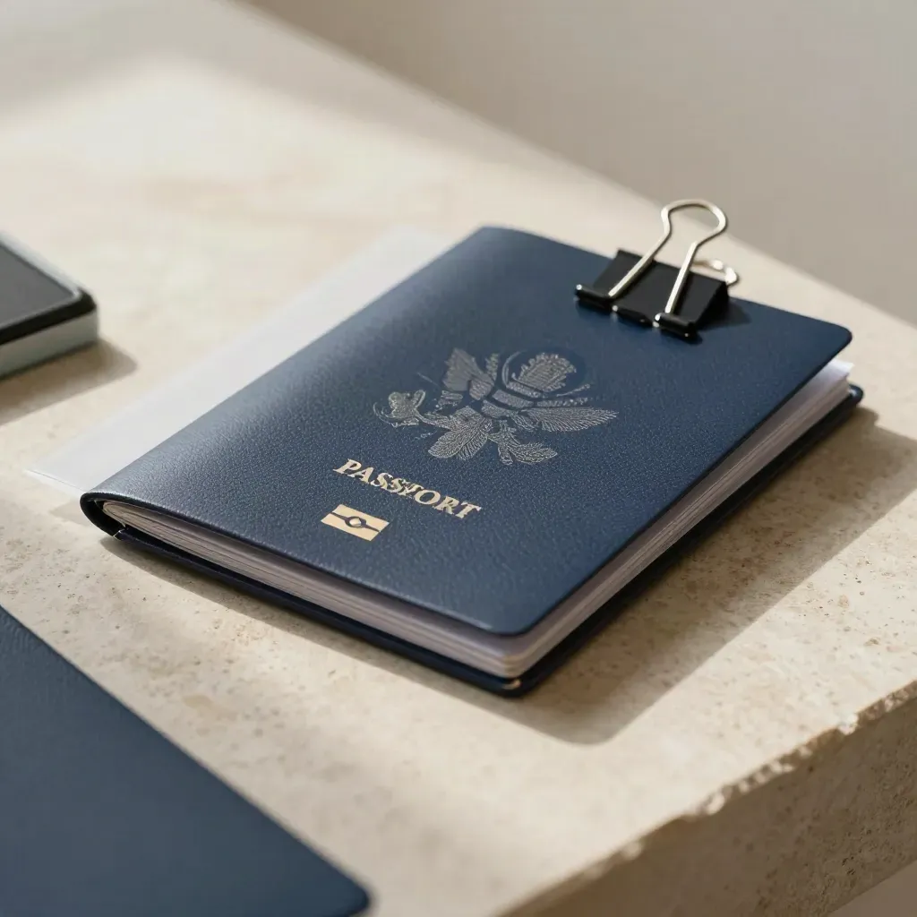 Passport cover, document sleeves, binder clips and stamp on limestone in soft daylight.