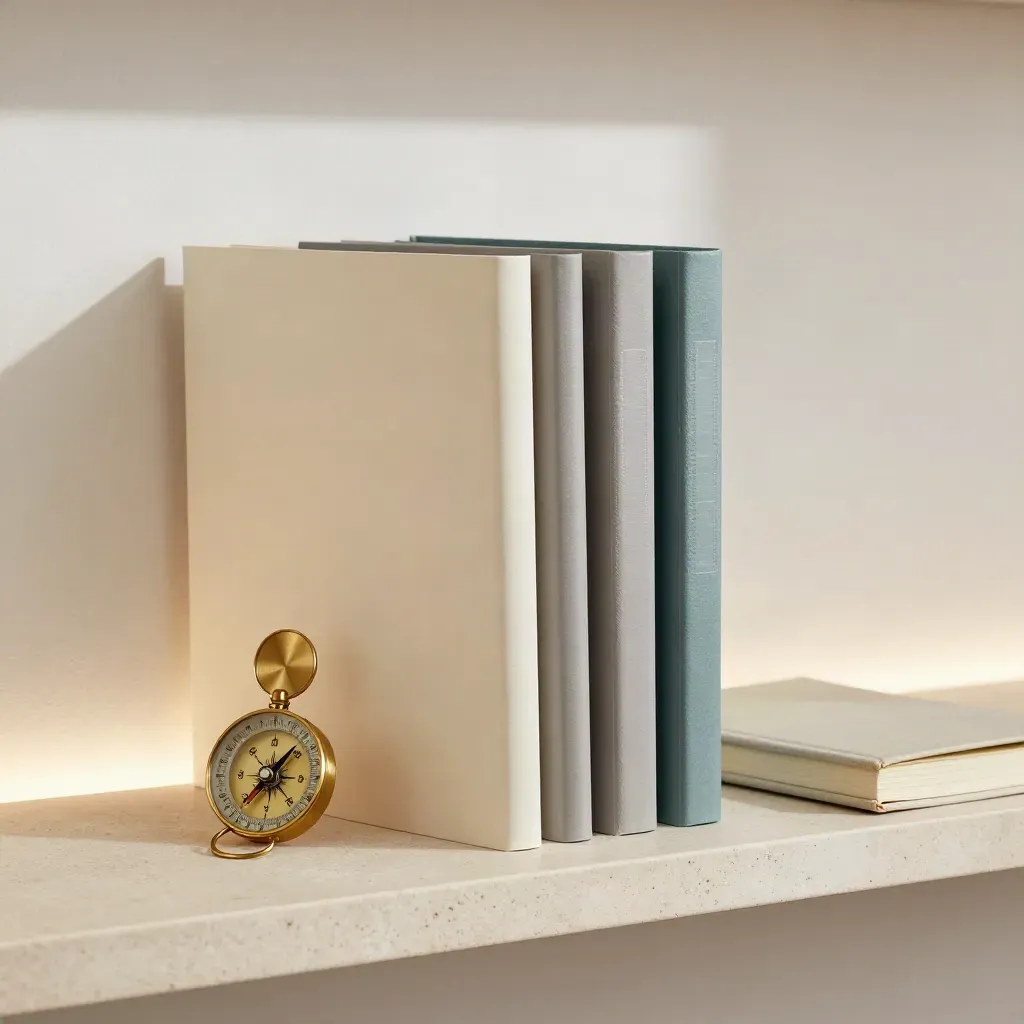 Colour-tabbed file sleeves, brass compass and notebook on a pale stone shelf